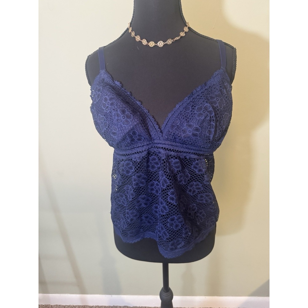 Aerie Lace Bralette Cami Top XL Navy Blue Sheer Floral Babydoll Y2K Style